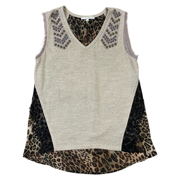 Miss Me Top Sz. S Cream Sleeveless Embellished Blouse Animal Print Metal Studded - Picture 4 of 11